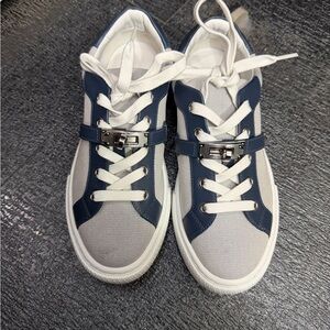 HERMES Kelly Navy and White Day Sneakers Sz 37